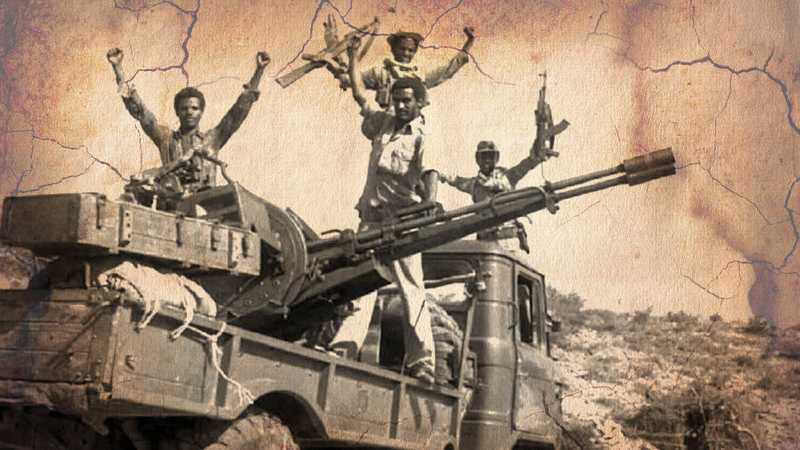 E.P.L.F. fighters aboard a captured Ethiopian truck with a 23mm machine gun