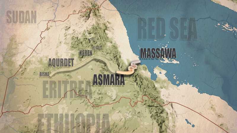 Massawa-Asmara railway map as of 1911; later on, it would reach Agordat (Aqurdet) and Bisha