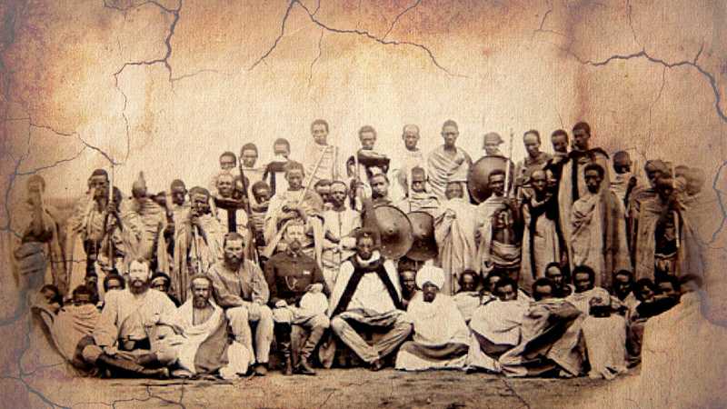 Dejazmach Kassa Mercha of Tigray, future Emperor Yohannes IV, rendezvous with General Napier's delegation; in the front sitting from left to right: Captain Tristram Speedy, Liqe Mekwas Alema, the cousin of Kassa, Werner Munzinger, the Egyptian governor of Massawa, Major Grant, Kassa Mercha, Priest Gebremichael