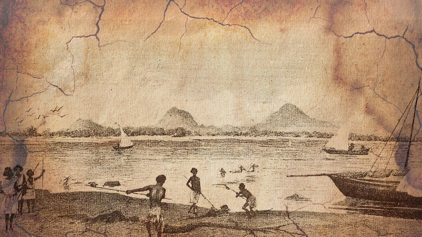 Fishermen in the vicinity of Assab, Eritrea, Mount Ganga in the background, sketch by G B Licata - source Wikimedia