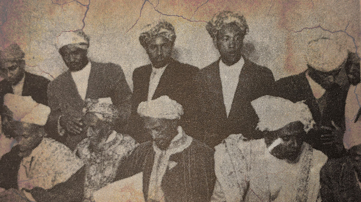 Ceremony of the foundation of al-Rabita al-Islamia. From left to right standing: Mohammed Seid Abera, Adem Qusmulah, Ibrahim Sultan, Seid Saleh, unknown, Mohammed Nur (Megeften); Sitting from left: unknown, Qadi Ali Omer, Ali Bey, Ona Ali, Haji Ibrahim Mahmmood, Haji Suleiman