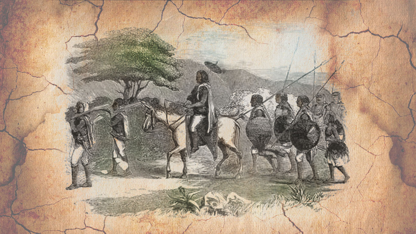 A noble riding a mule escorted by warriors