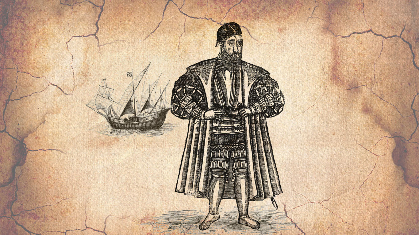 Estevao Da Gama, son of Vasco Da Gama, with a Portuguese ship