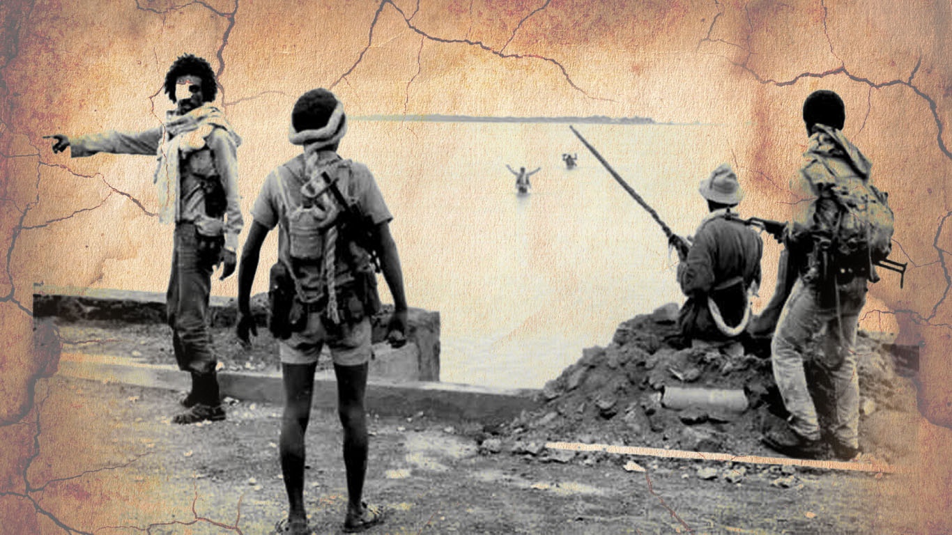 EPLF fighters look out to sea as Ethiopian soldiers surrender