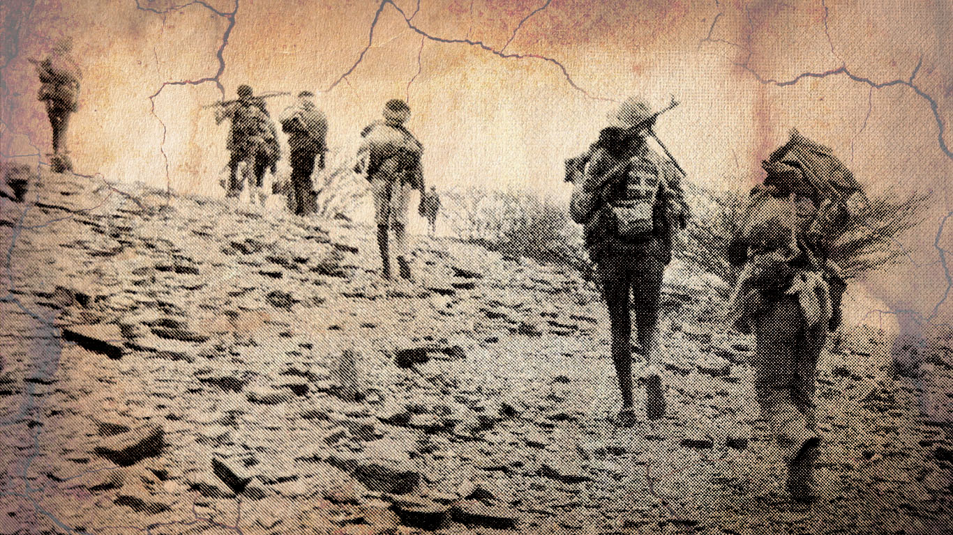 EPLF freedom fighters - Tegadelti - marching up a hill